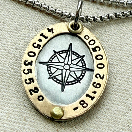 Oval Gold Rimmed custom coordinates necklace with compass rose at center hand stamped and riveted by hand - drake designs jewelry