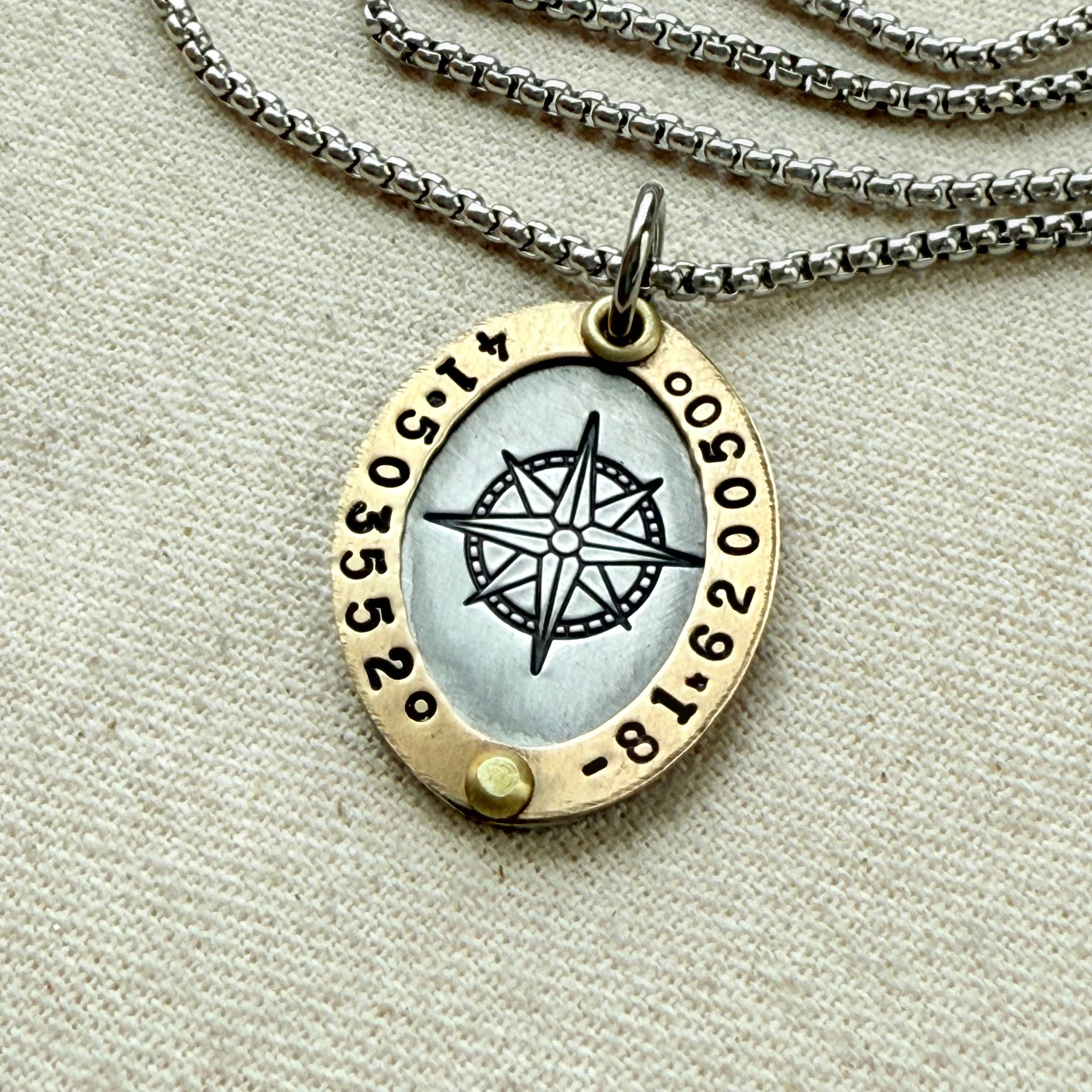 Personalized Compass Necklace with Custom Coordinates - Oval