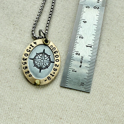 Oval Gold Rimmed custom coordinates necklace with compass rose at center hand stamped and riveted by hand - drake designs jewelry