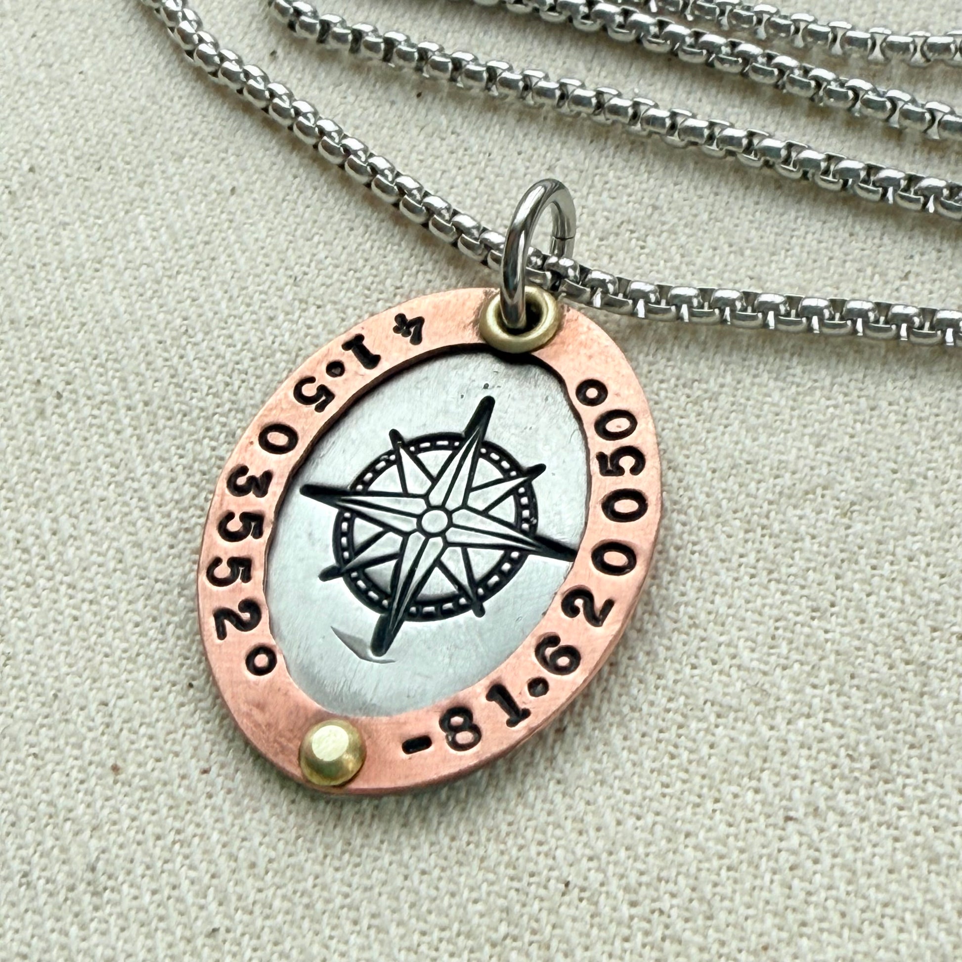 Personalized Compass Necklace with Custom Latitude and Longitude - Oval Pendant with Raised Copper Border | Drake Designs Jewelry