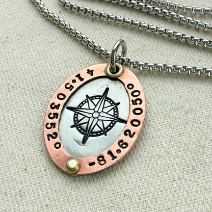 Personalized Compass Necklace with Custom Latitude and Longitude - Oval Pendant with Raised Copper Border | Drake Designs Jewelry