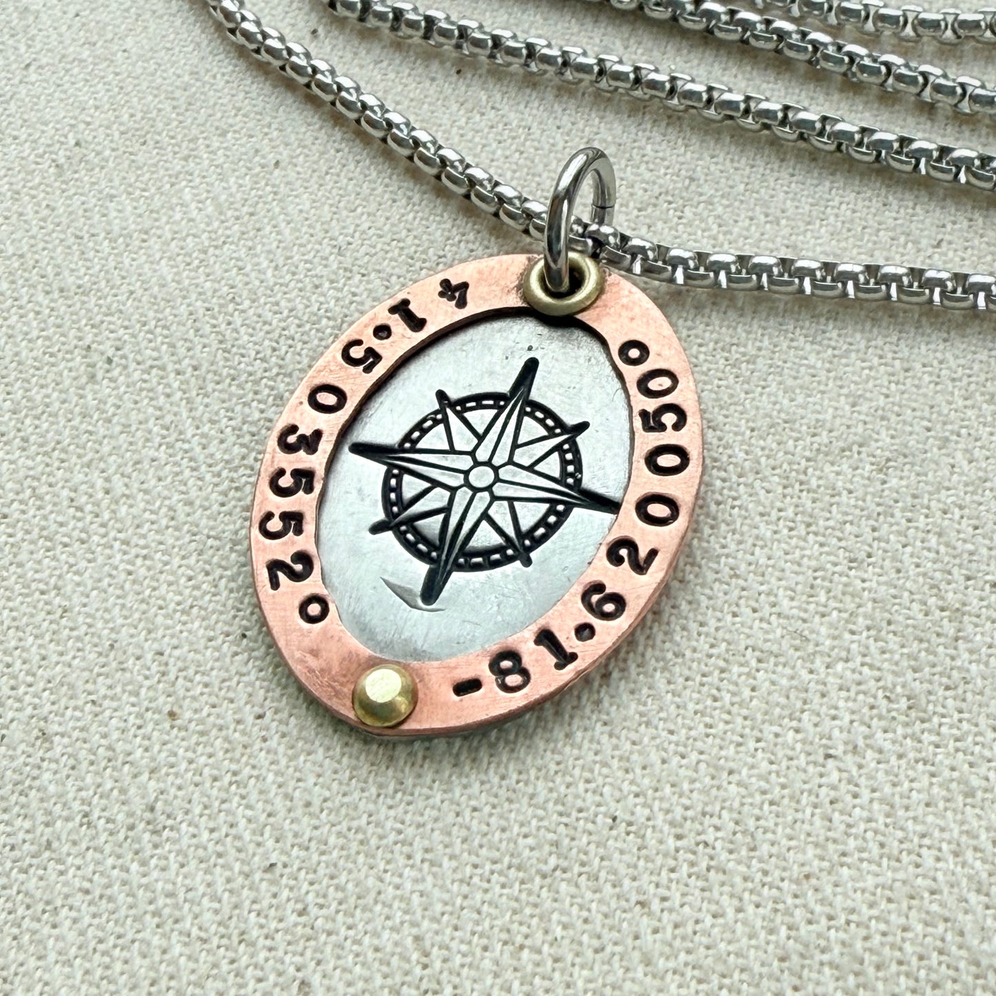 Personalized Compass Necklace with Custom Latitude and Longitude - Oval Pendant with Raised Copper Border | Drake Designs Jewelry