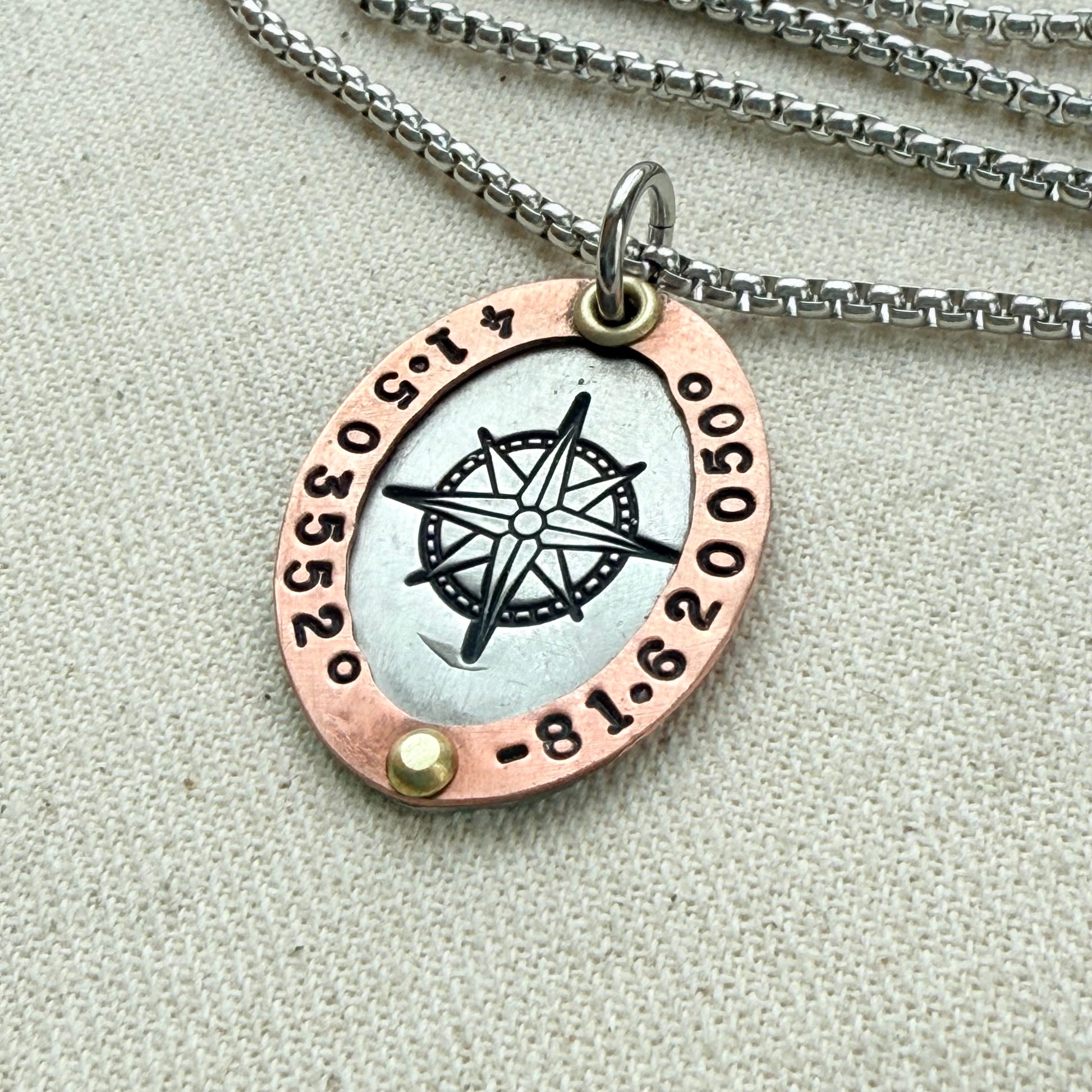 Personalized Compass Necklace with Custom Latitude and Longitude - Oval Pendant with Raised Copper Border | Drake Designs Jewelry