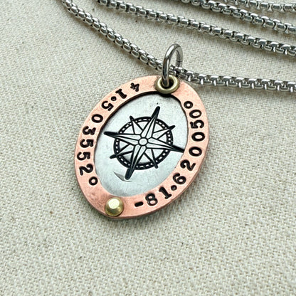 Personalized Compass Necklace with Custom Latitude and Longitude - Oval Pendant with Raised Copper Border | Drake Designs Jewelry