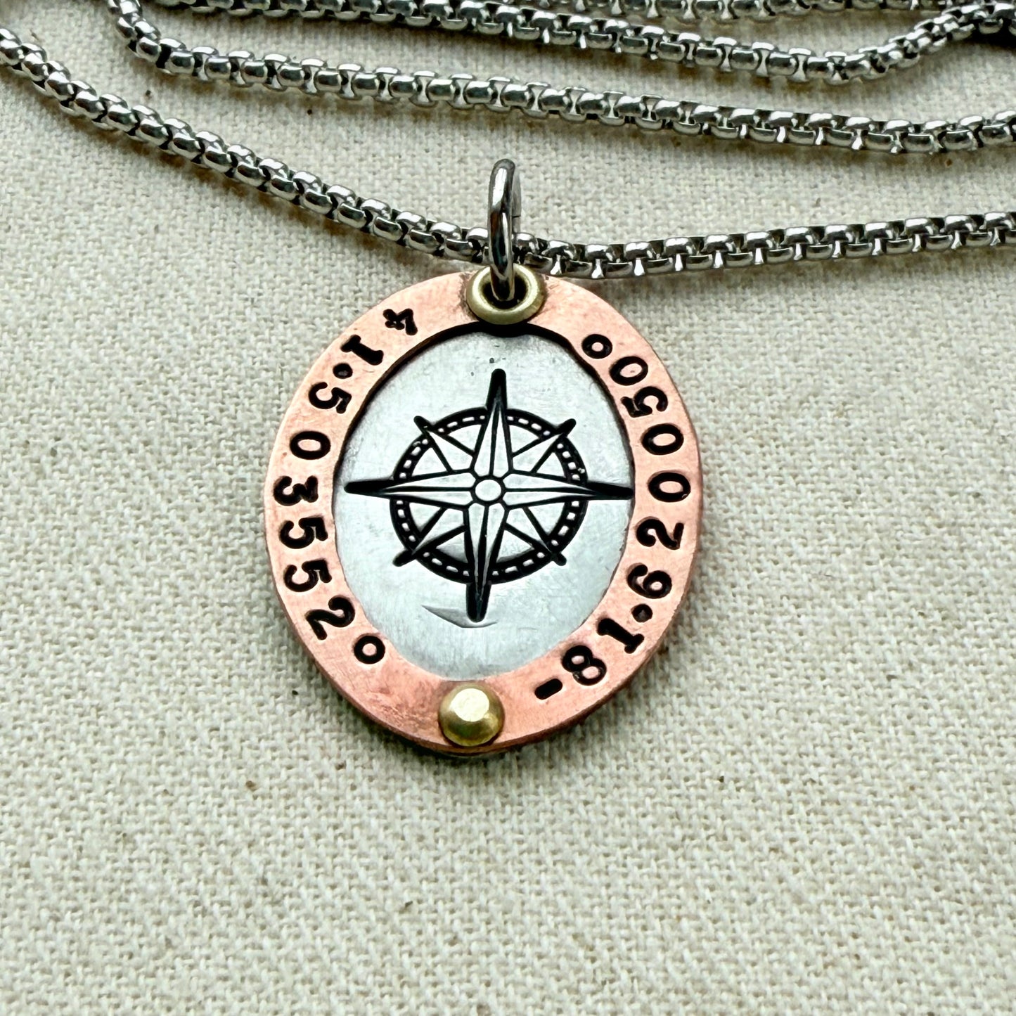 Personalized Compass Necklace with Custom Latitude and Longitude - Oval Pendant with Raised Copper Border | Drake Designs Jewelry