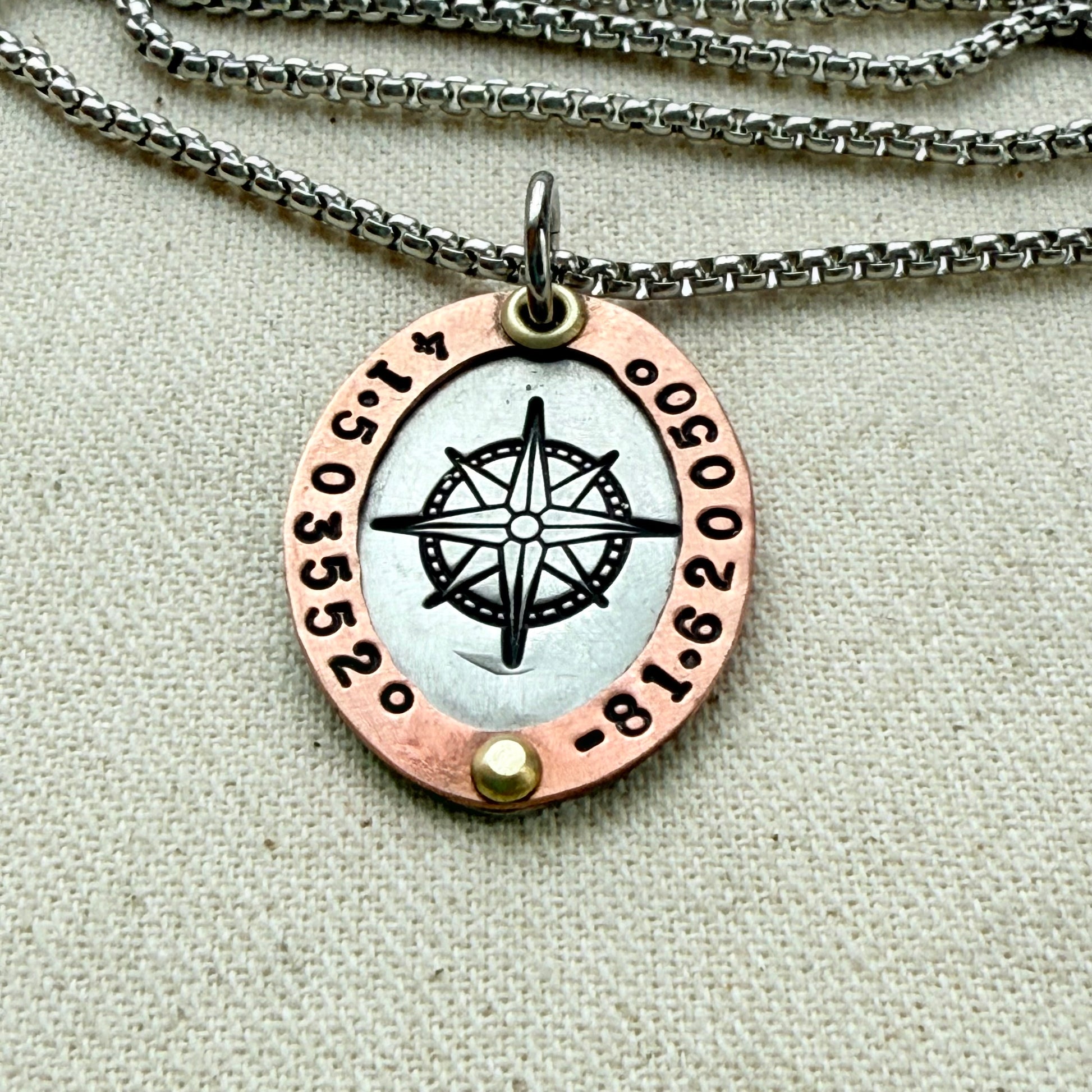 Personalized Compass Necklace with Custom Latitude and Longitude - Oval Pendant with Raised Copper Border | Drake Designs Jewelry