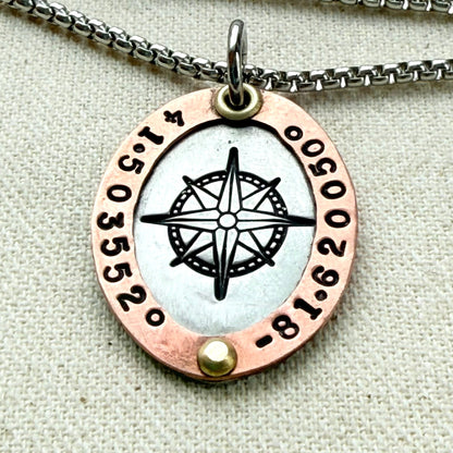 Personalized Compass Necklace with Custom Latitude and Longitude - Oval Pendant with Raised Copper Border | Drake Designs Jewelry