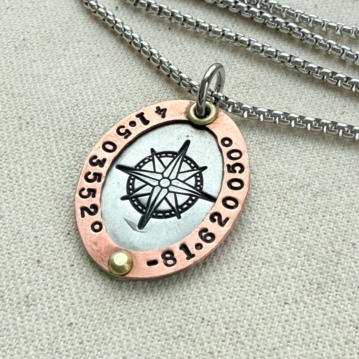 Personalized Compass Necklace with Custom Latitude and Longitude - Oval Pendant with Raised Copper Border | Drake Designs Jewelry