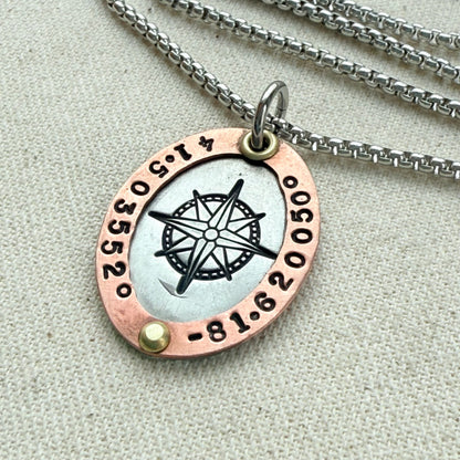 Personalized Compass Necklace with Custom Latitude and Longitude - Oval Pendant with Raised Copper Border | Drake Designs Jewelry
