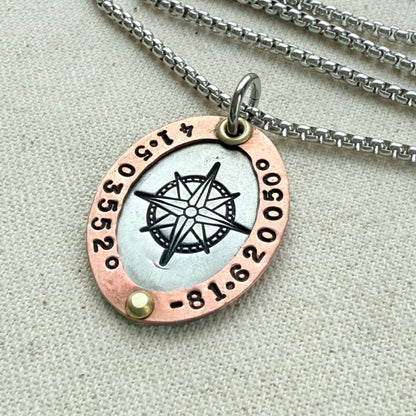 Personalized Compass Necklace with Custom Latitude and Longitude - Oval Pendant with Raised Copper Border | Drake Designs Jewelry