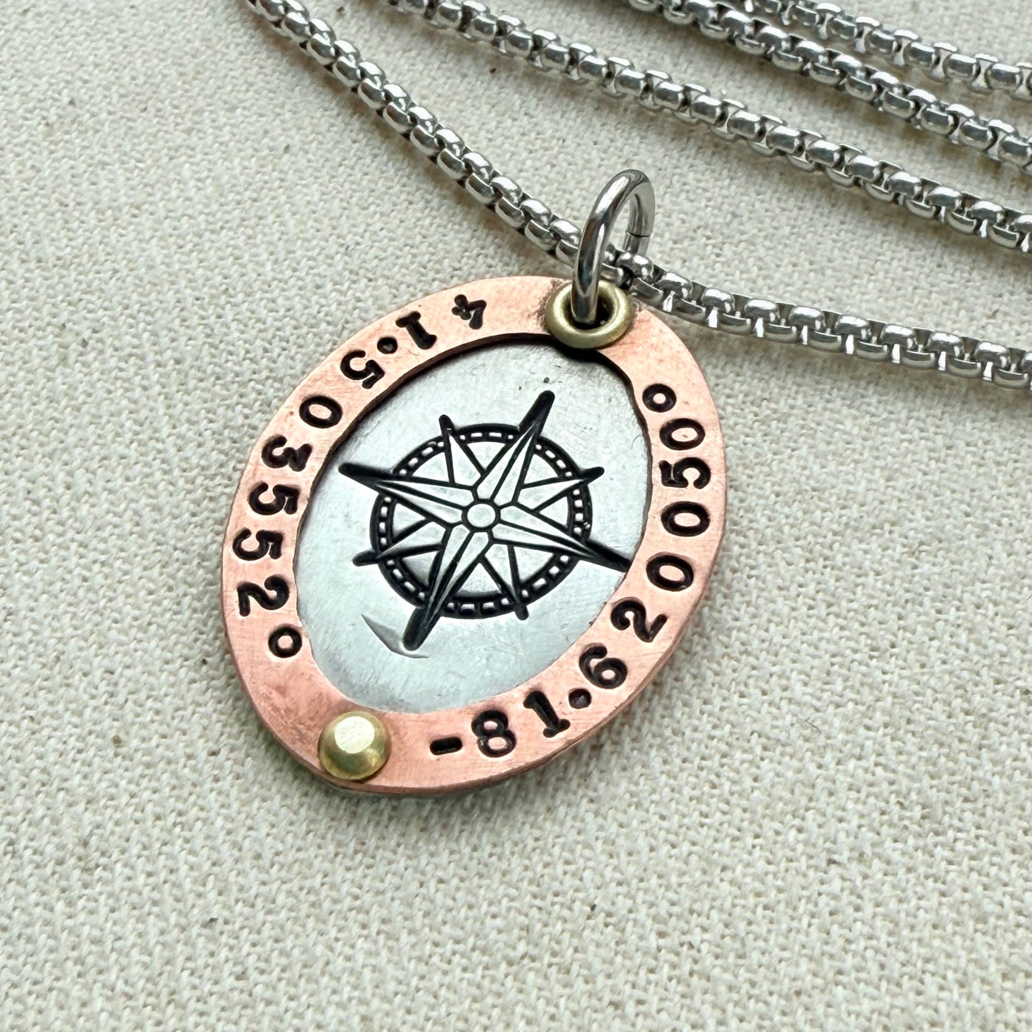 Personalized Compass Necklace with Custom Latitude and Longitude - Oval Pendant with Raised Copper Border | Drake Designs Jewelry