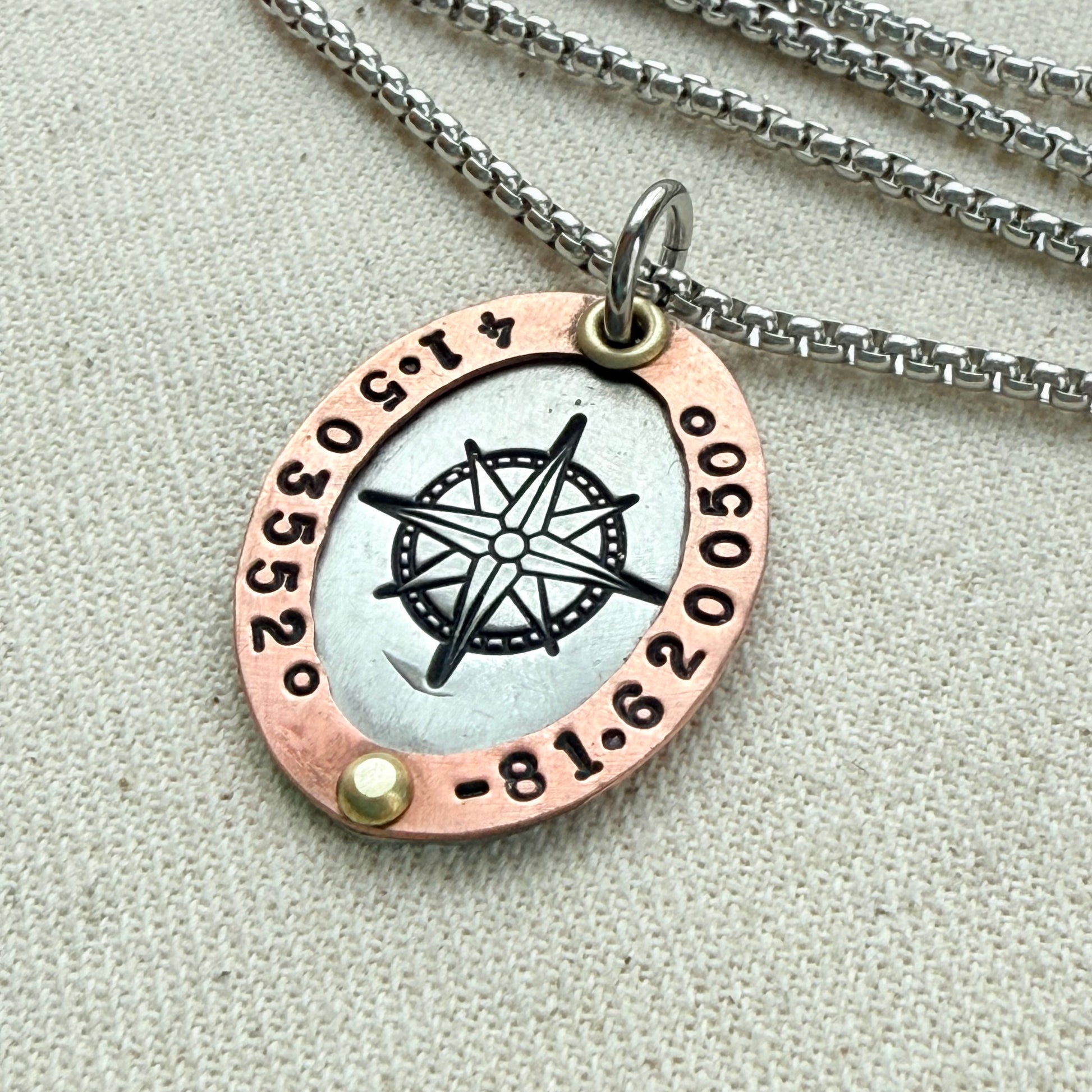 Personalized Compass Necklace with Custom Latitude and Longitude - Oval Pendant with Raised Copper Border | Drake Designs Jewelry