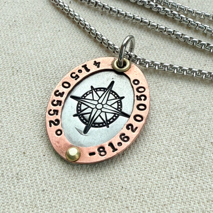 Personalized Compass Necklace with Custom Latitude and Longitude - Oval Pendant with Raised Copper Border | Drake Designs Jewelry