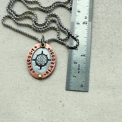 Personalized Compass Necklace with Custom Latitude and Longitude - Oval Pendant with Raised Copper Border | Drake Designs Jewelry