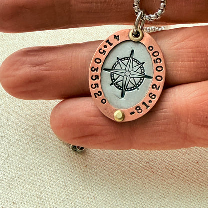 Personalized Compass Necklace with Custom Latitude and Longitude - Oval Pendant with Raised Copper Border | Drake Designs Jewelry