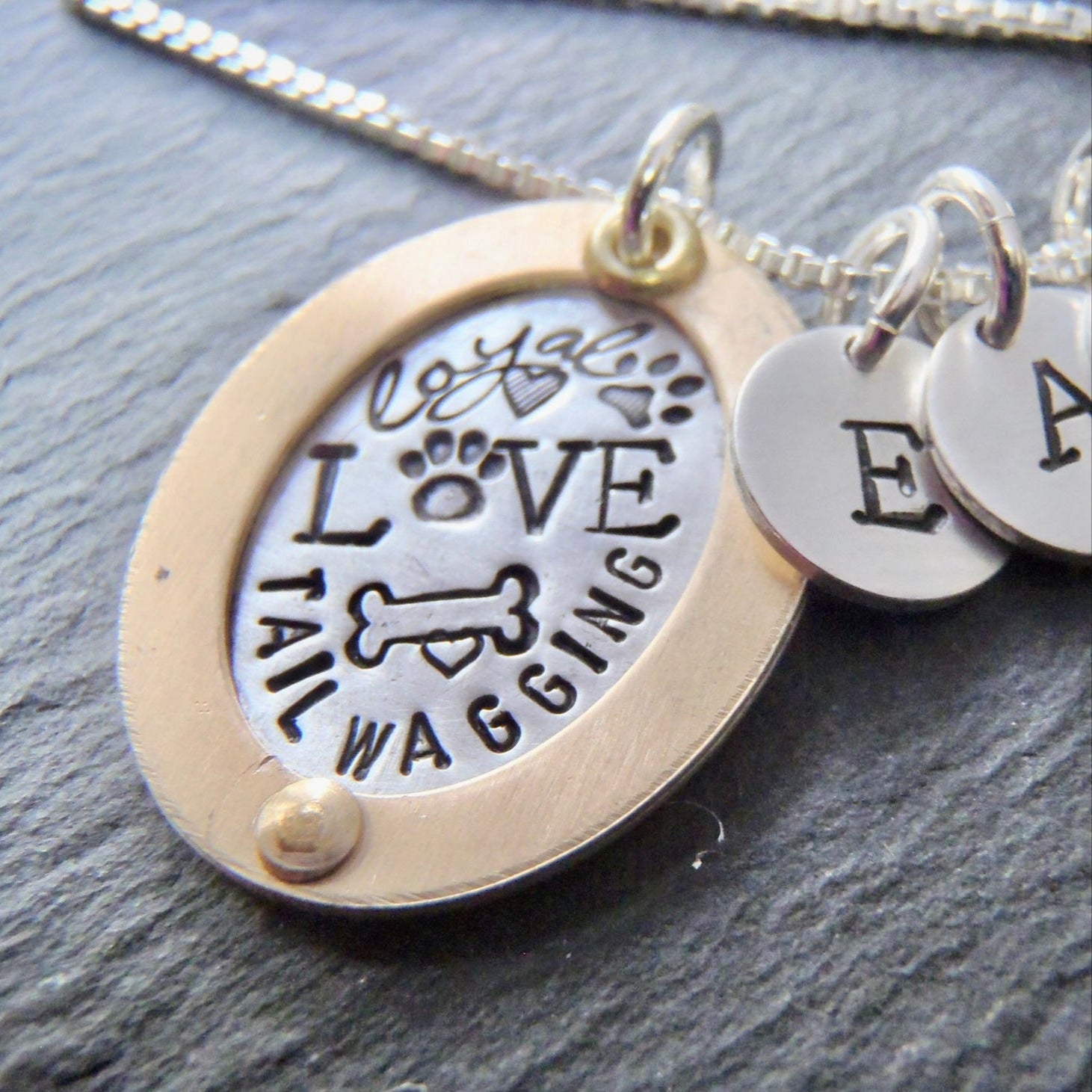 Oval word collage sterling silver with gold rim Dog mom necklace personalized - Drake Designs Jewelry