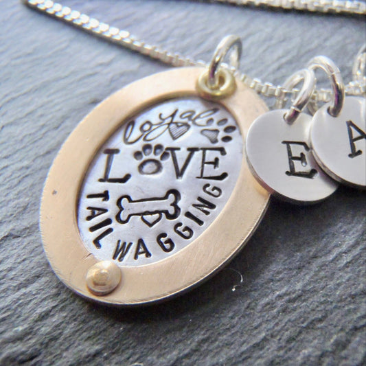 Oval word collage sterling silver with gold rim Dog mom necklace personalized - Drake Designs Jewelry