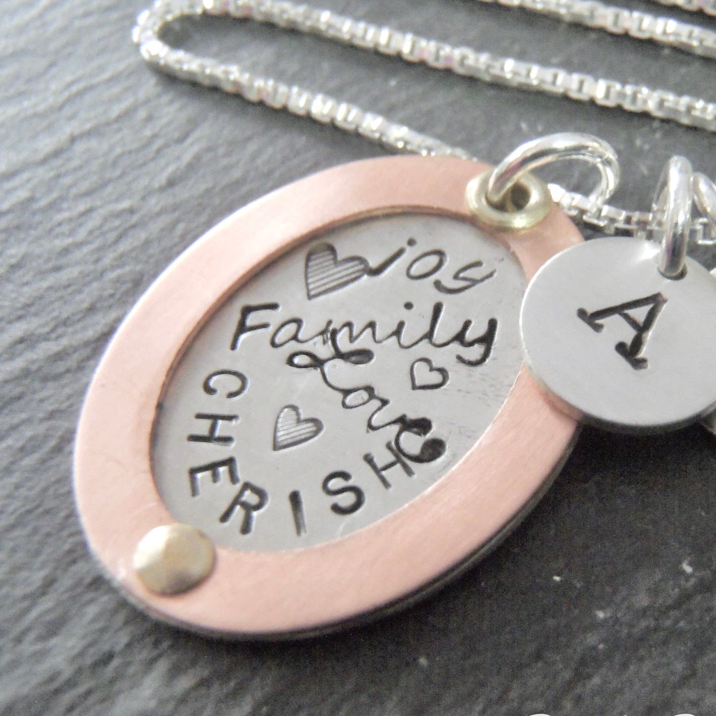 Family Initial Word Collage Necklace - Personalized Gold Rim Oval Pendant - family love cherish joy  - drake designs jewelry