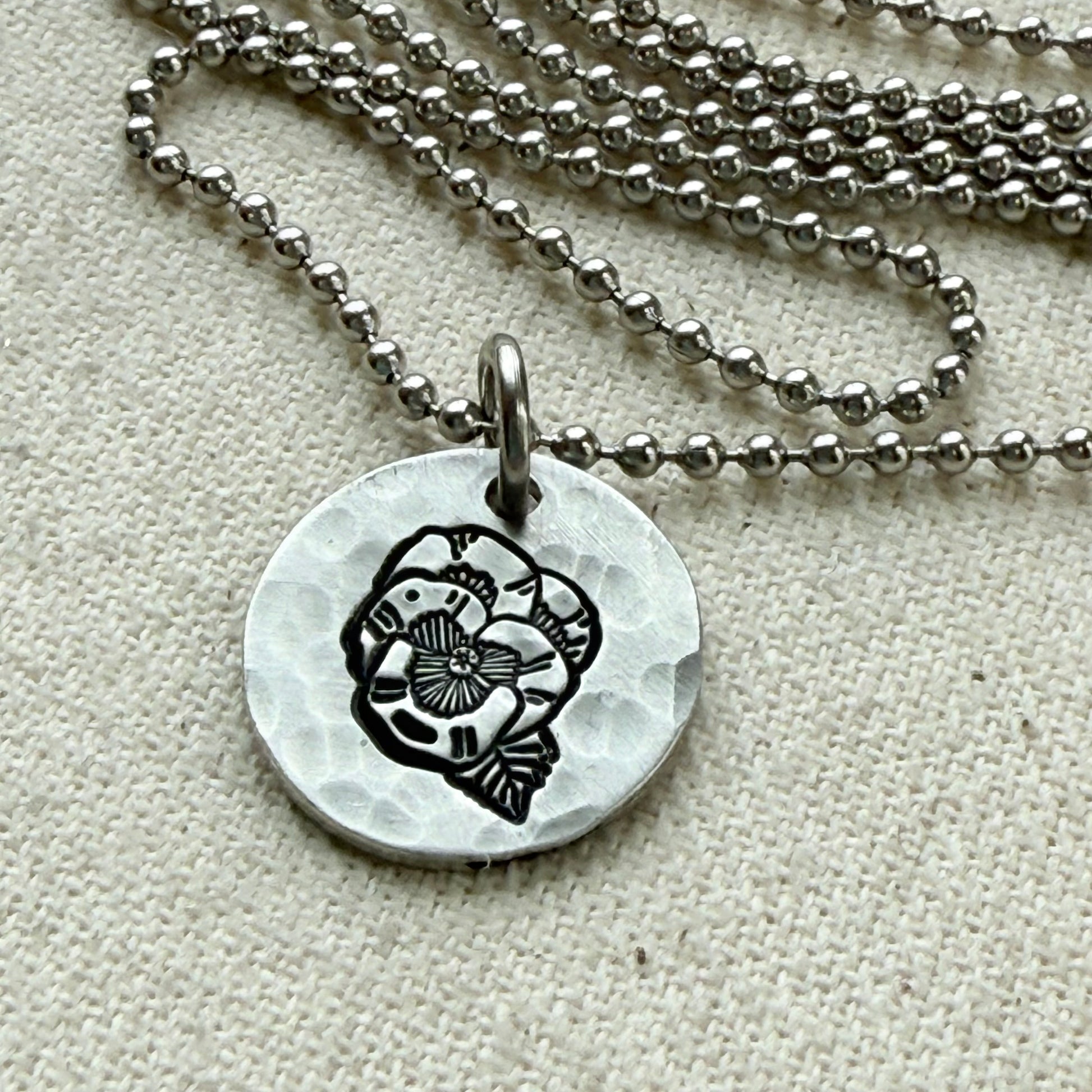 Hammered birth flower necklace for mom with meaning card made from original watercolor painting - personalized for mom - drake designs jewelry