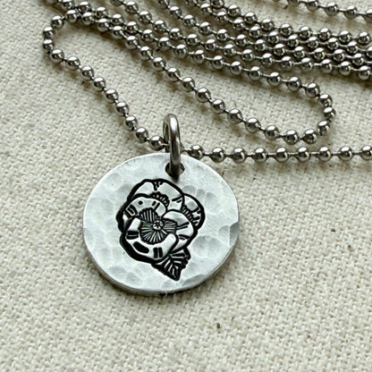 Hammered birth flower necklace for mom with meaning card made from original watercolor painting - personalized for mom - drake designs jewelry