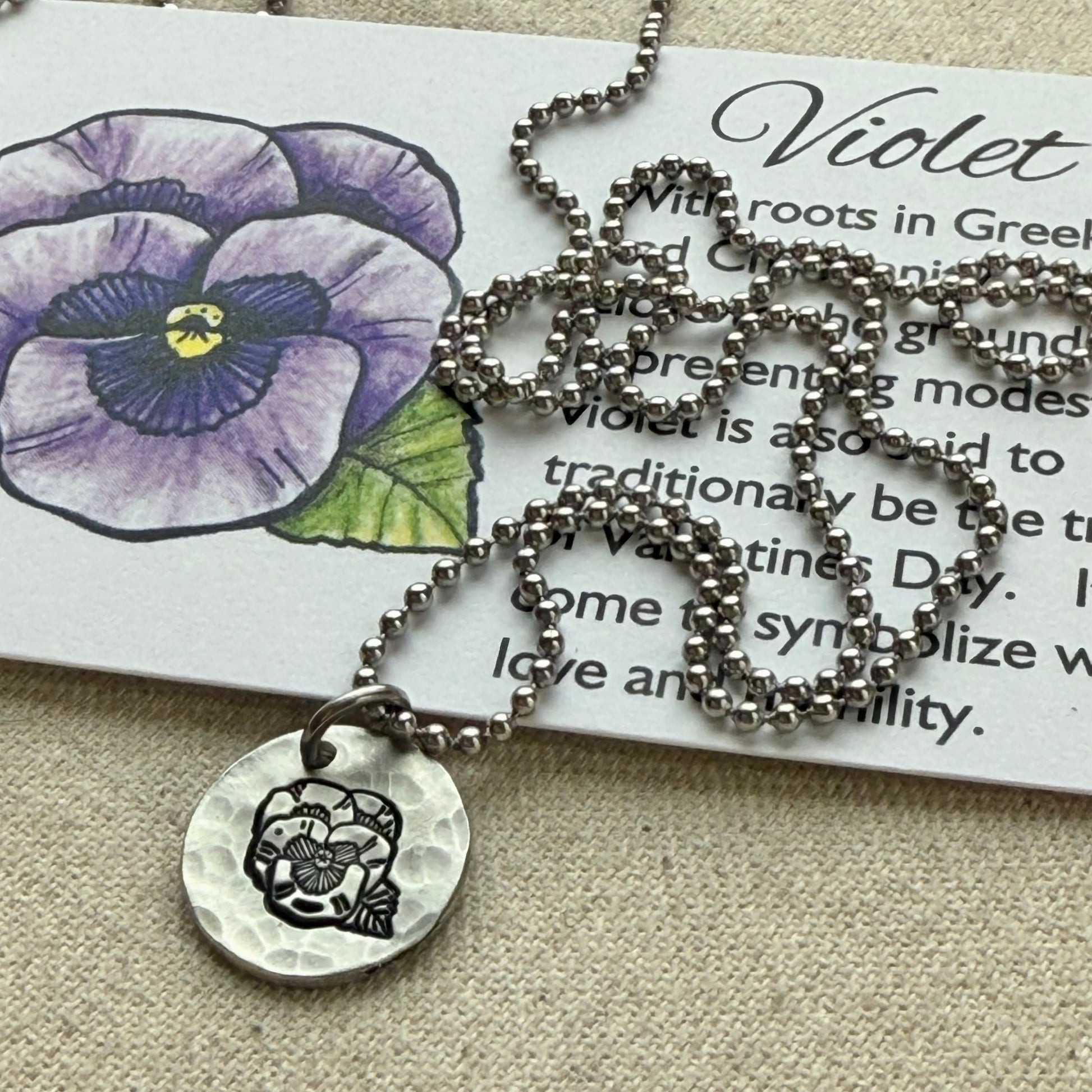 Hammered birth flower necklace for mom with meaning card made from original watercolor painting - personalized for mom - drake designs jewelry