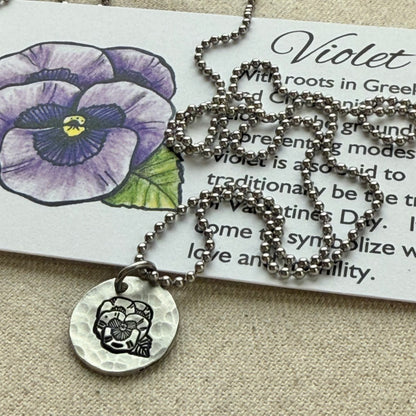 Hammered birth flower necklace for mom with meaning card made from original watercolor painting - personalized for mom - drake designs jewelry