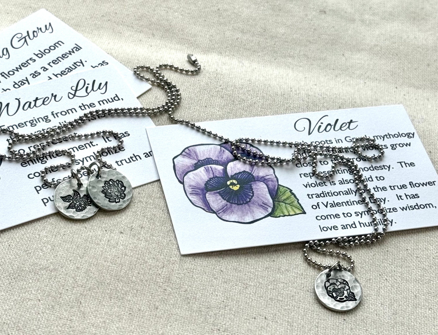 Hammered birth flower necklace for mom with meaning card made from original watercolor painting - personalized for mom - drake designs jewelry