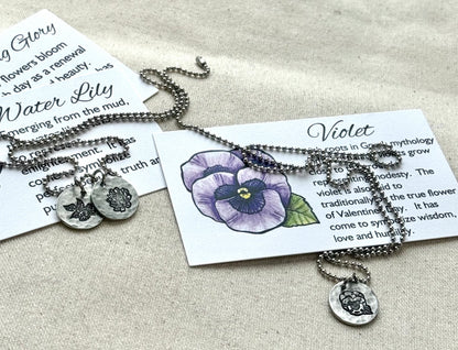 Hammered birth flower necklace for mom with meaning card made from original watercolor painting - personalized for mom - drake designs jewelry