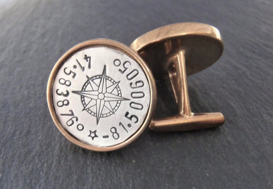 Compass Cufflinks with coordinates personalized for men