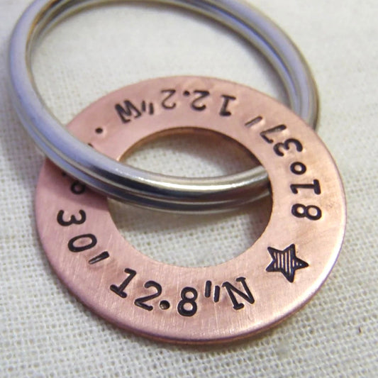 GPS Coordinate Keychain Personalized with Latitude and Longitude - Copper Anniversary Gift