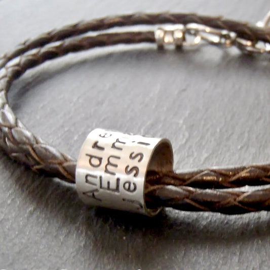 Men's braided leather bracelet for men or women with coordinates, names or custom message - Drake Designs Jewelry
