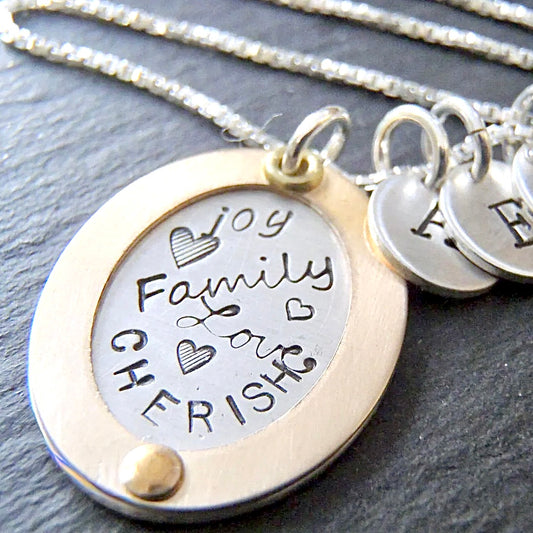 Gold Rimmed family necklace - cherish with kids initials -sterling silver and  gold - drake designs jewelry
