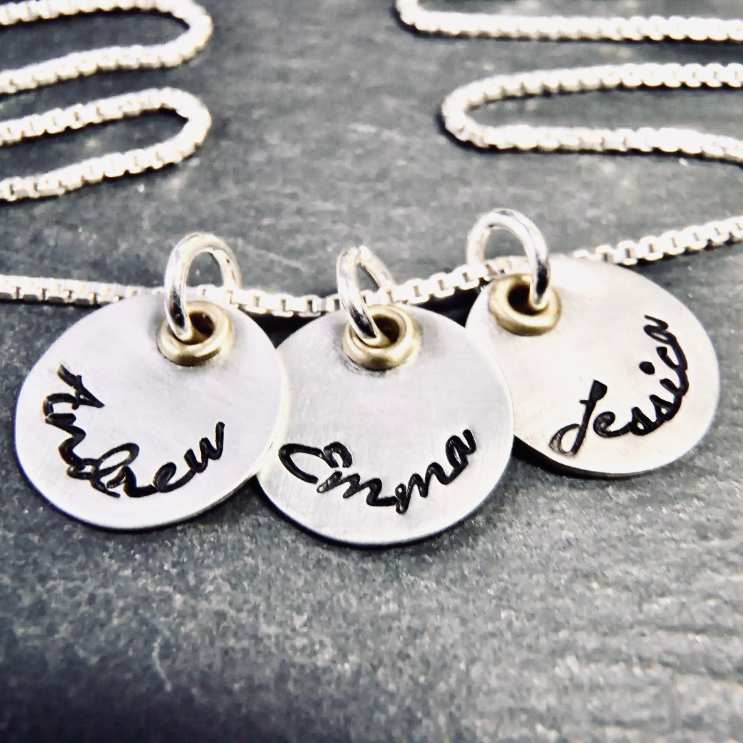 Mixed Metal Mothers Necklace with Kids Names - Solid Sterling Silver with Golden Brass Accents