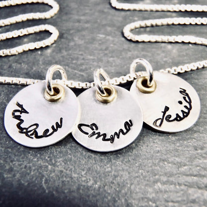 Mixed Metal Mothers Necklace with Kids Names - Solid Sterling Silver with Golden Brass Accents