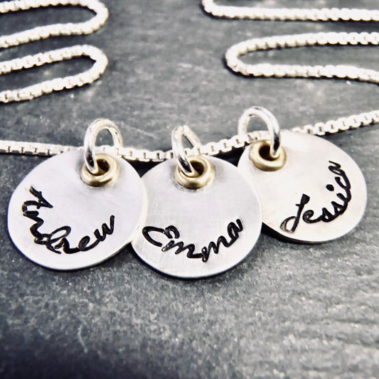 Mixed Metal Mothers Necklace with Kids Names - Solid Sterling Silver with Golden Brass Accents