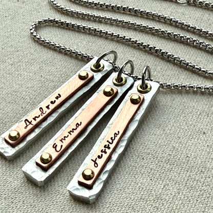 Mother's Necklace with Kids Names on Hammered Mixed Metal Bar Charms - drake designs jewelry