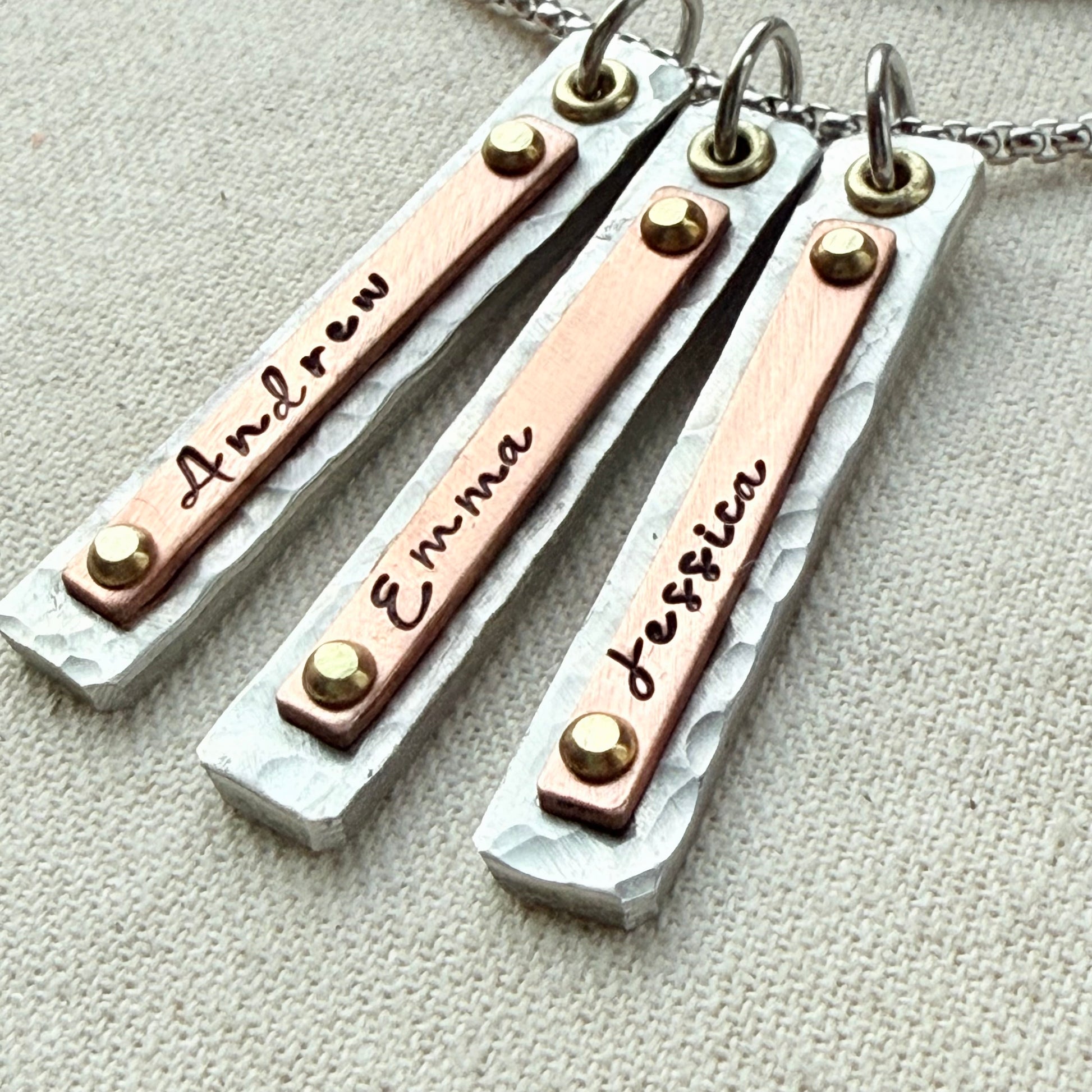 Mother's Necklace with Kids Names on Hammered Mixed Metal Bar Charms - drake designs jewelry
