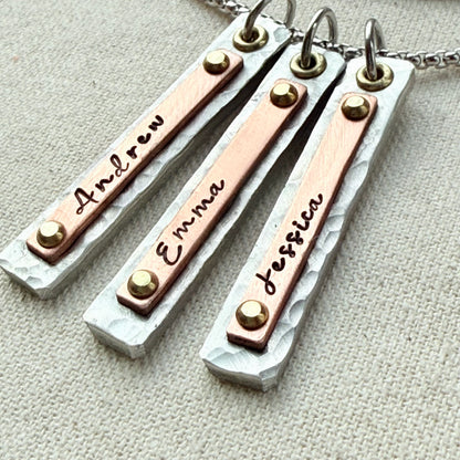 Mother's Necklace with Kids Names on Hammered Mixed Metal Bar Charms - drake designs jewelry