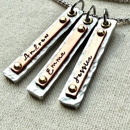 Mother's Necklace with Kids Names on Hammered Mixed Metal Bar Charms - drake designs jewelry