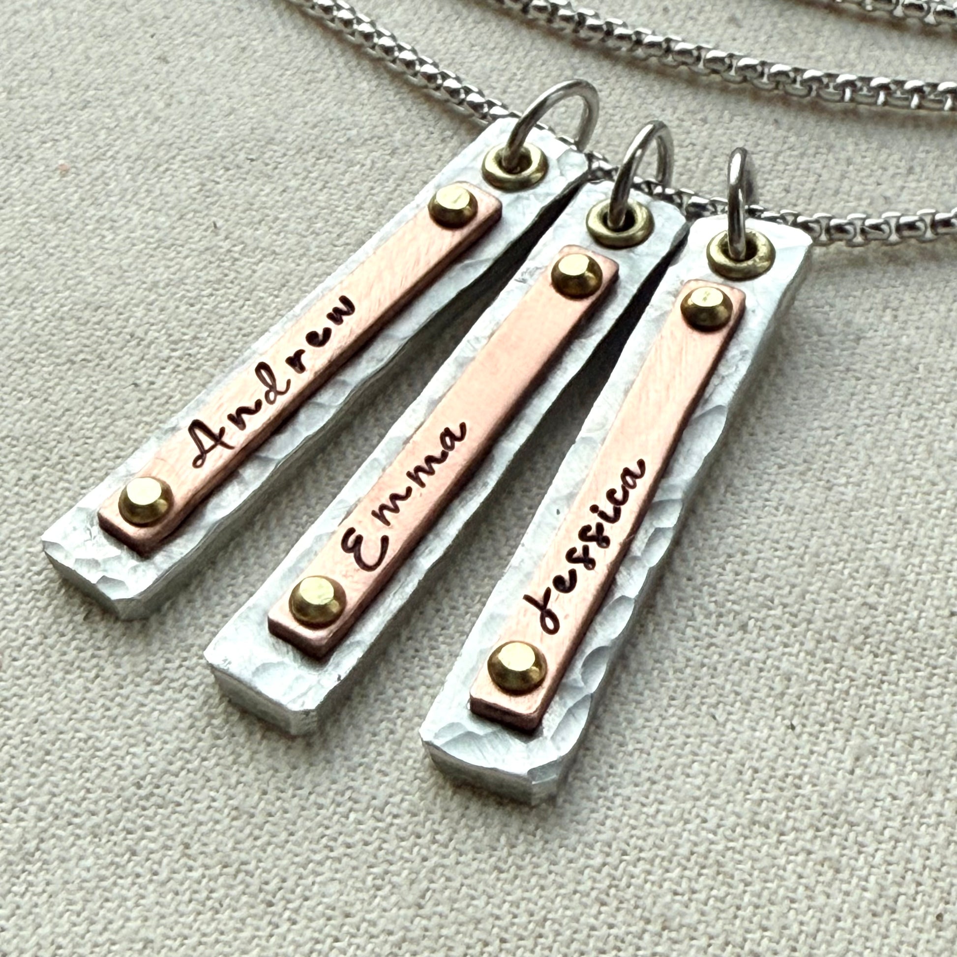 Mother's Necklace with Kids Names on Hammered Mixed Metal Bar Charms - drake designs jewelry