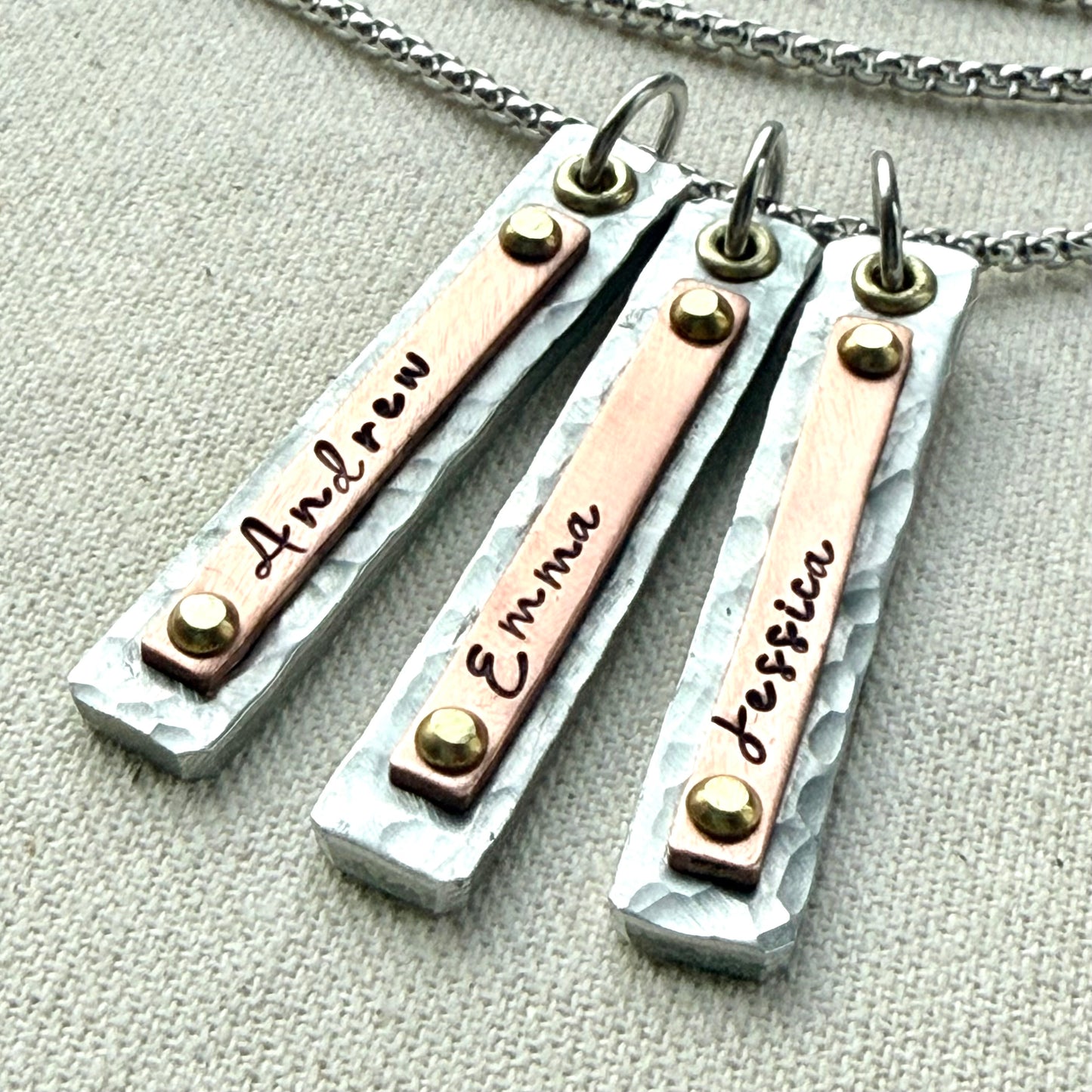 Mother's Necklace with Kids Names on Hammered Mixed Metal Bar Charms - drake designs jewelry