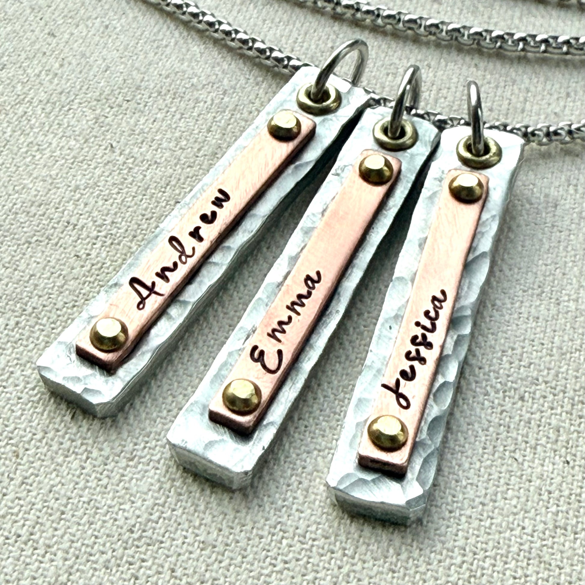 Mother's Necklace with Kids Names on Hammered Mixed Metal Bar Charms - drake designs jewelry