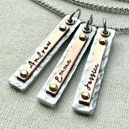 Mother's Necklace with Kids Names on Hammered Mixed Metal Bar Charms - drake designs jewelry