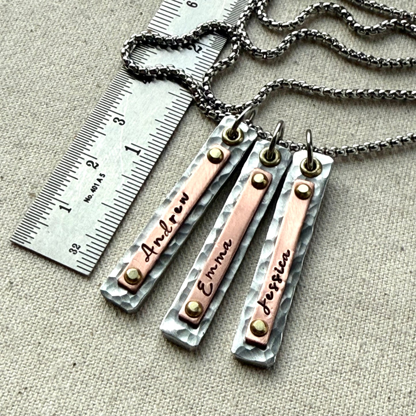 Mother's Necklace with Kids Names on Hammered Mixed Metal Bar Charms - drake designs jewelry