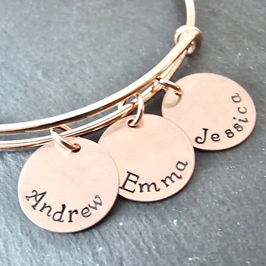 Rose Gold Bangle Bracelet with Kid's Names - Mom Adjustable Bangle Bracelet - drake designs jewelry