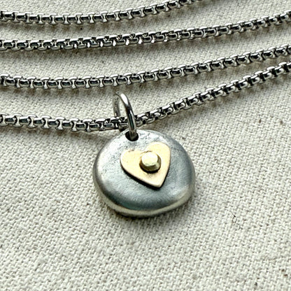 Tiny Heart Pebble Necklace -  Silver Pebble with Gold brass Heart Pendant - drake designs jewelry
