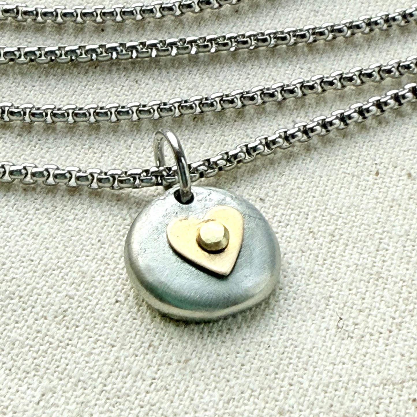 Tiny Heart Pebble Necklace -  Silver Pebble with Gold brass Heart Pendant - drake designs jewelry