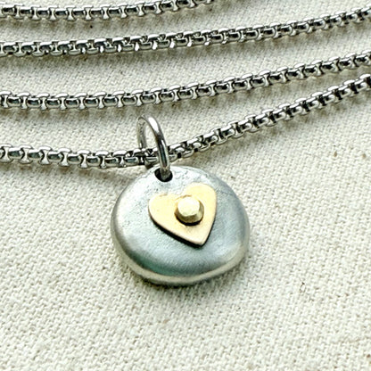 Tiny Heart Pebble Necklace -  Silver Pebble with Gold brass Heart Pendant - drake designs jewelry