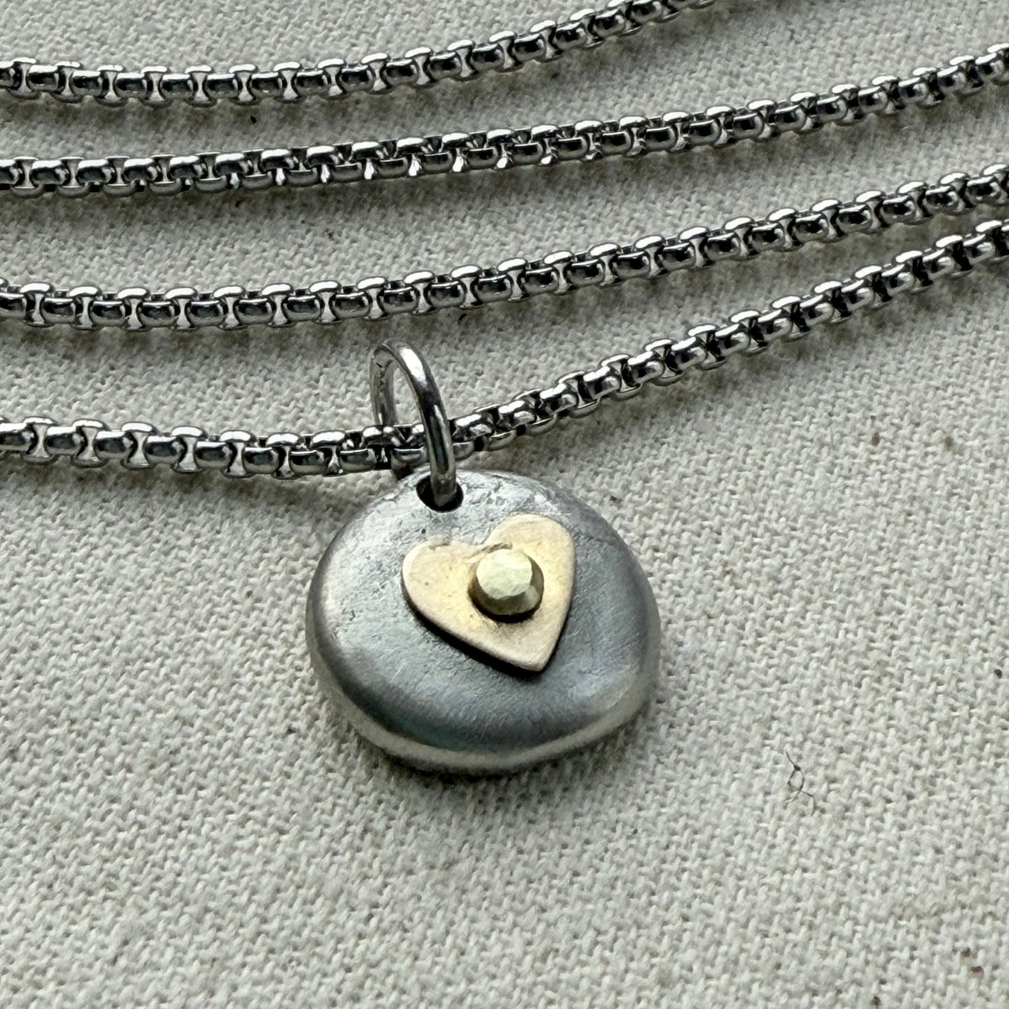 Tiny Heart Pebble Necklace -  Silver Pebble with Gold brass Heart Pendant - drake designs jewelry
