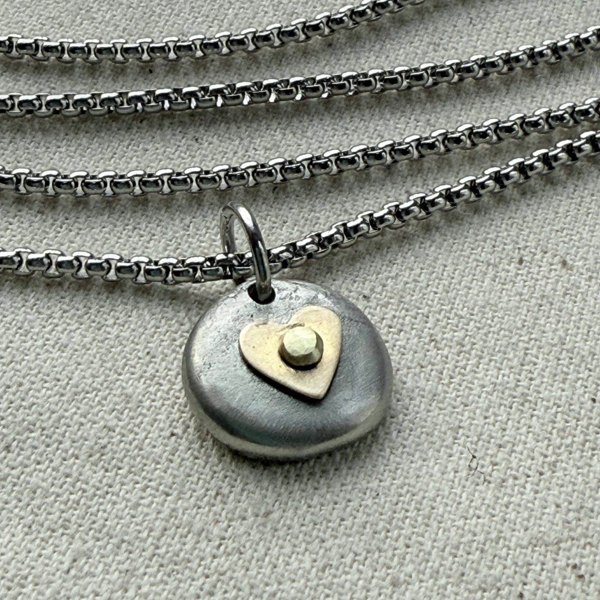 Tiny Heart Pebble Necklace -  Silver Pebble with Gold brass Heart Pendant - drake designs jewelry